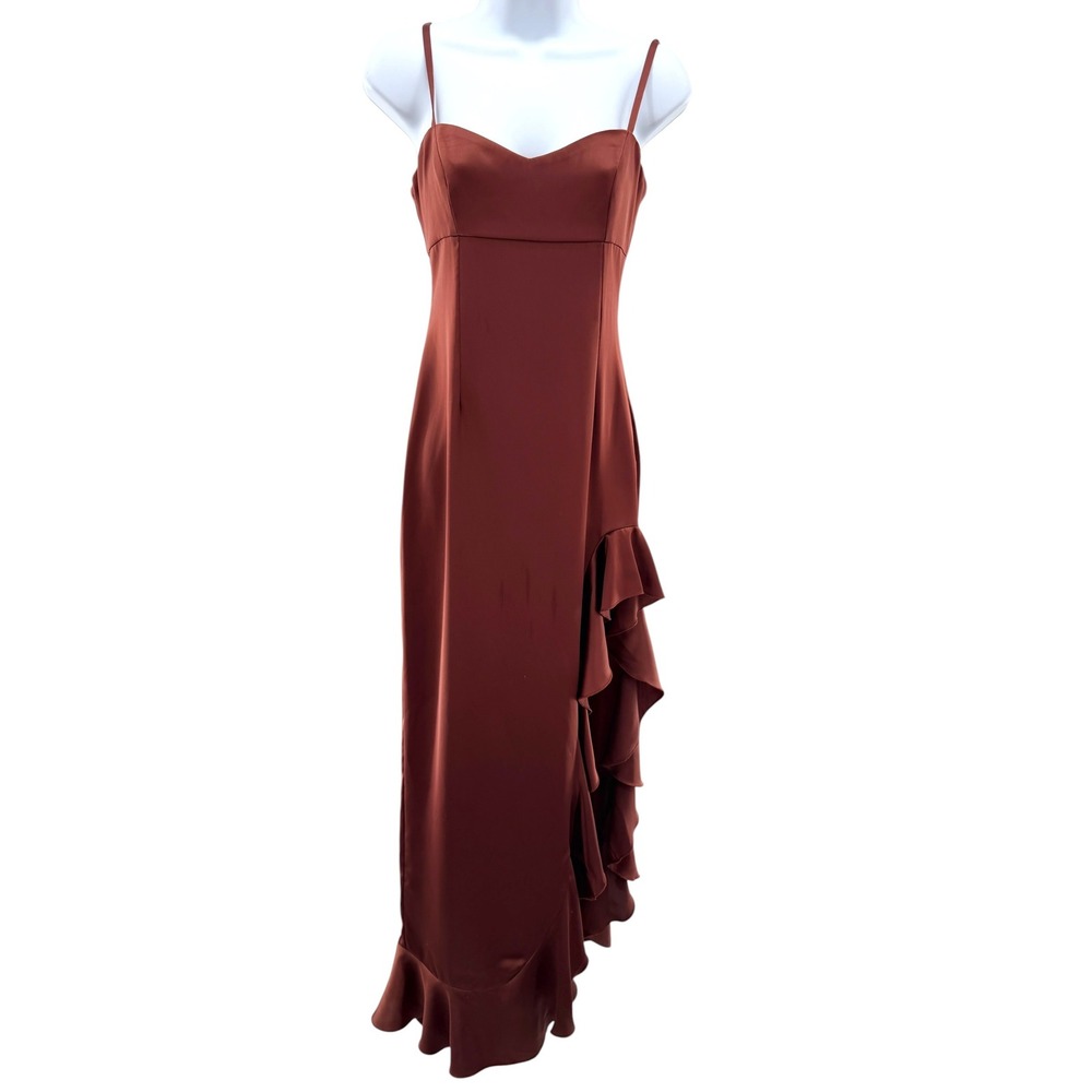 Nookie Sasha Gown Mocha Leg Slit Ruffle Satin Maxi Dress Size XS Formal Glam